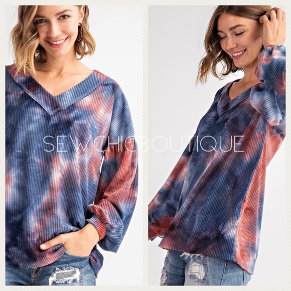 Tie Dye Waffle V-Neck Knit Top w Balloon Slvs - Picture 6 of 8